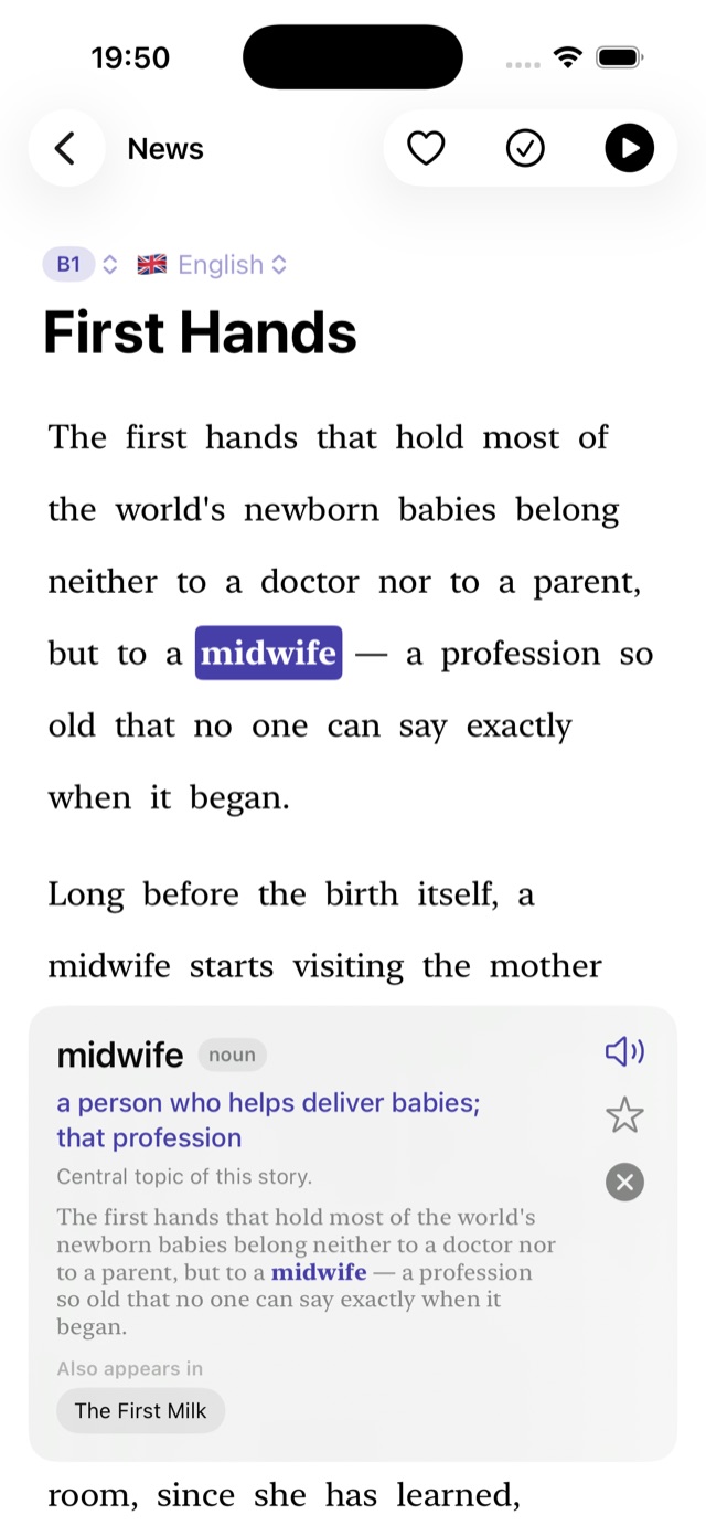 Reading the story First Hands with a word card open for 'midwife': translation, a note, the sentence it came from, and the other story it appears in